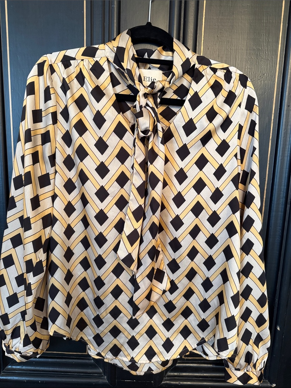 Elie Tahari Black, Cream & Gold Geometric Tie-Neck Blouse. LArge